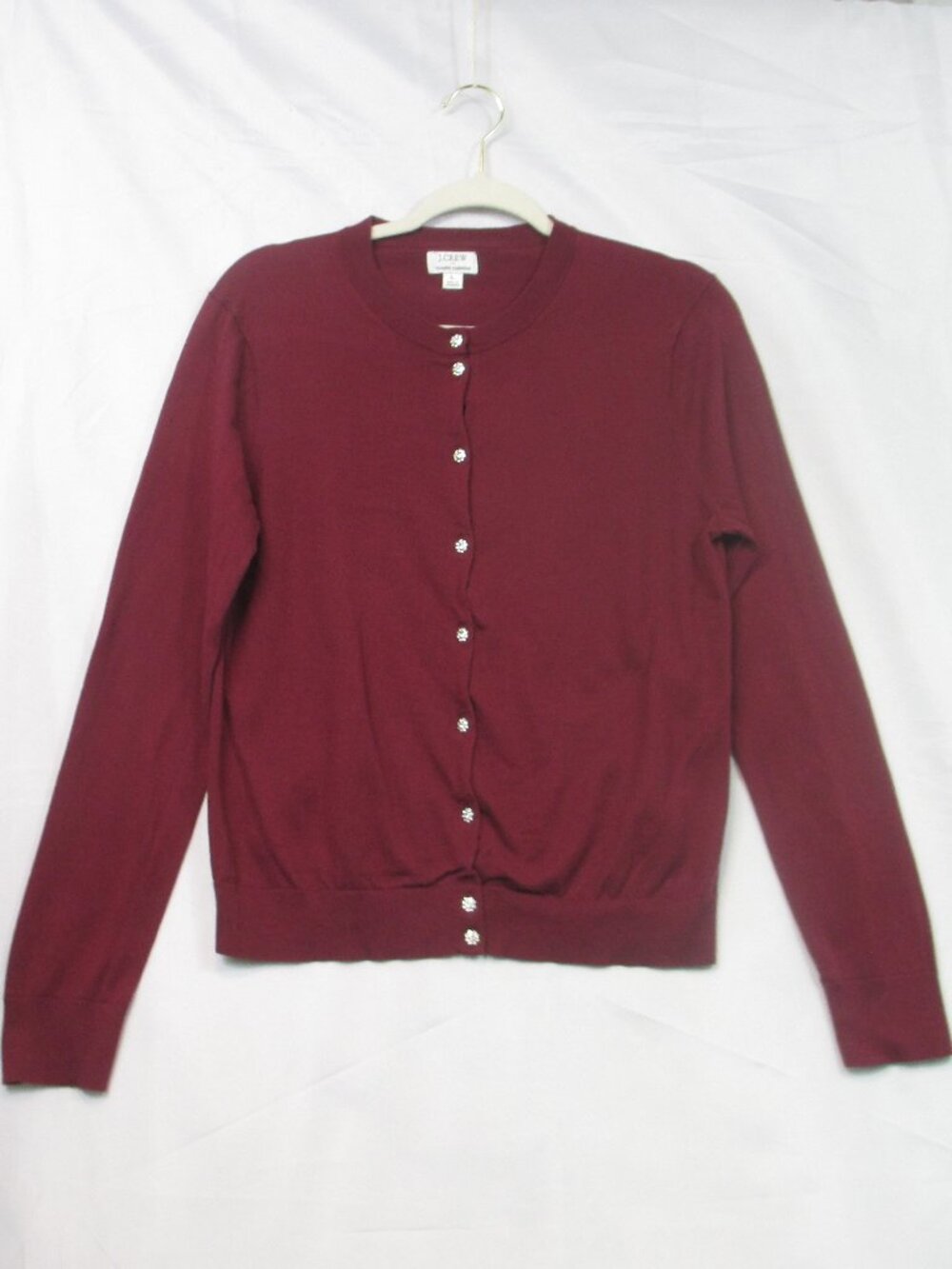 J. Crew Classic Cardigan Women Large Burgundy Rhinestone Floral Button Cotton